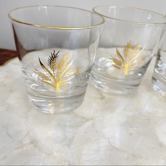 MCM Gilt Gold Trim Wheat Glass Tumblers Bar Cart Bar Drinking Glasses 3 1/4” - Picture 14 of 16